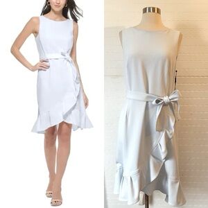 Calvin Klein Light Blue Crepe Ruffle Tulip Hem Faux Wrap Dress NWT Size 10